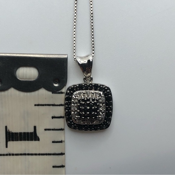 BLACK & White Diamond Sterling Silver Square Pendant w Chain 19” + .7” Total - Picture 7 of 9